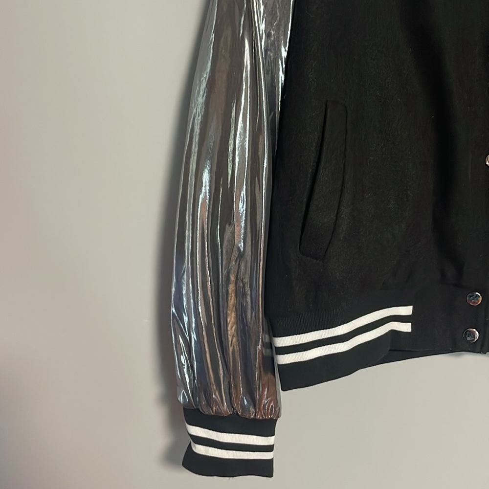 Cider Black Bomber Jacket With Silver Metallic Sleeves View 3